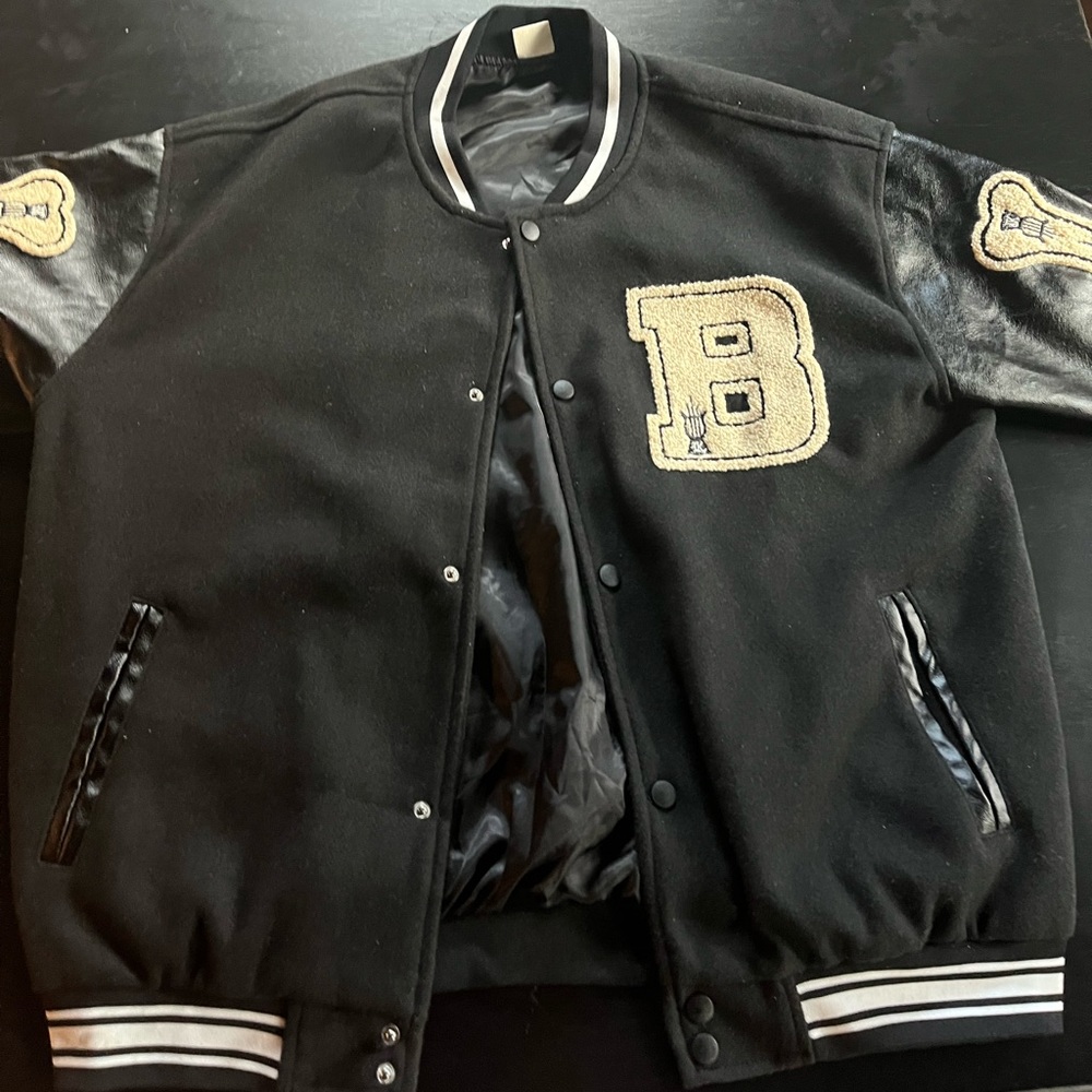 Black leather varsity jacket